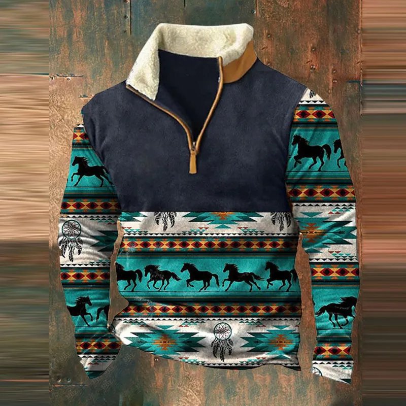 Vintage Men's Clothing Stylish Zipper Fur Collar Hoodie Geometric 3D Printed Men's Hoodie Casual Street Wear