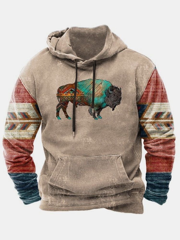 Autumn New Retro Ethnic Print Men's Oversized Stretch Casual Sports Men's Hoodie