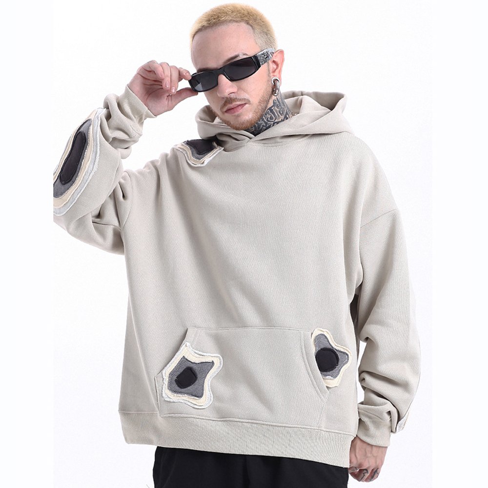 Custom logo patch heavyweight men's hoodies sweatshirts plain color pullover cotton hoodie drop shoulder plus size men's hoodies