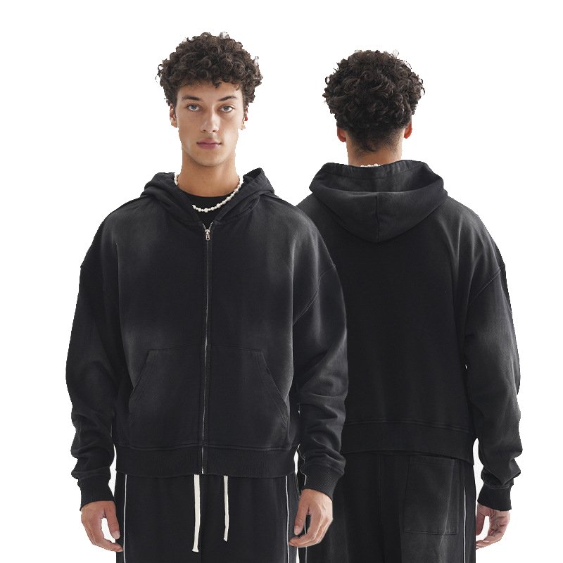 2024 Trendy Brand Loose Short Spray Horse Willow Zipper Hoodie High Quality Heavy Weight 100% Cotton Used Hoodie