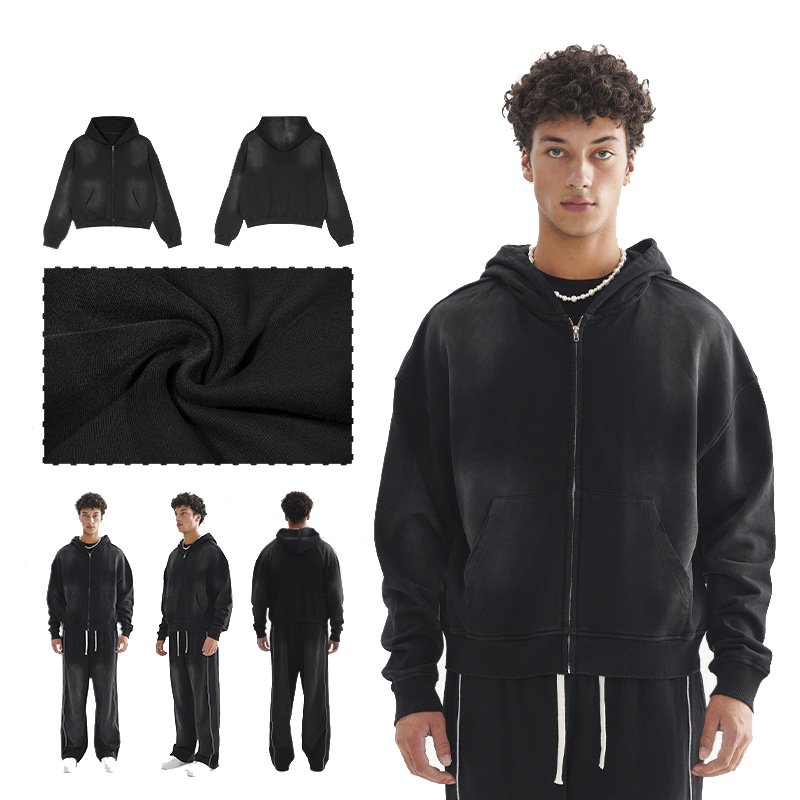 2024 Trendy Brand Loose Short Spray Horse Willow Zipper Hoodie High Quality Heavy Weight 100% Cotton Used Hoodie