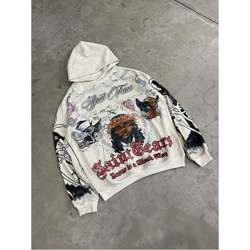 Wholesale High Quality Heavyweight Custom LOGO Full Print Cotton Oversized Streetwear Vintage Washed Men's Hoodies&Sweatshirts