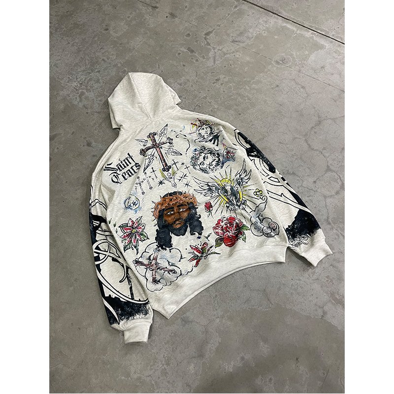 Wholesale High Quality Heavyweight Custom LOGO Full Print Cotton Oversized Streetwear Vintage Washed Men's Hoodies&Sweatshirts