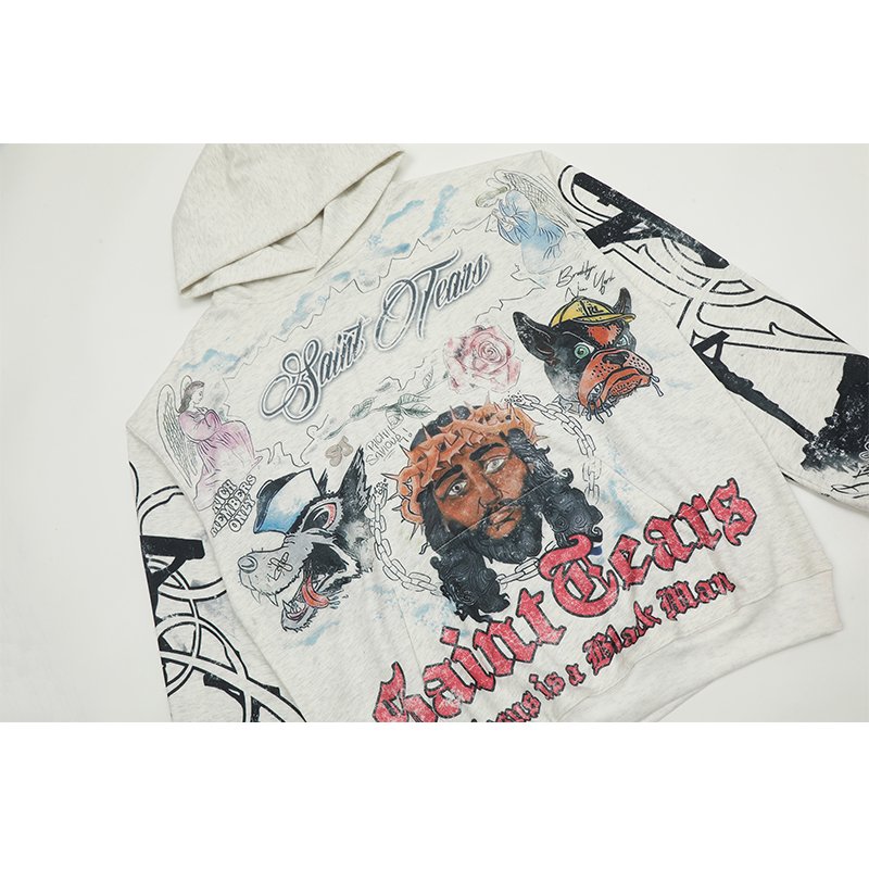 Wholesale High Quality Heavyweight Custom LOGO Full Print Cotton Oversized Streetwear Vintage Washed Men's Hoodies&Sweatshirts