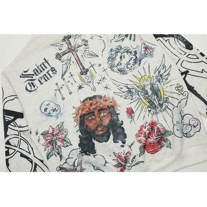 Wholesale High Quality Heavyweight Custom LOGO Full Print Cotton Oversized Streetwear Vintage Washed Men's Hoodies&Sweatshirts