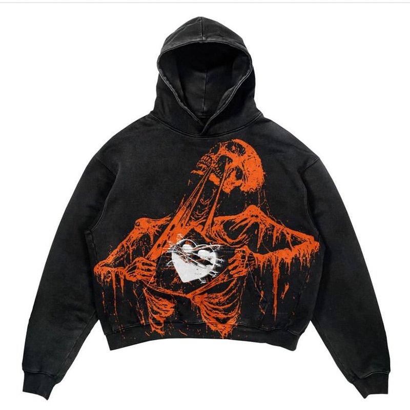 Custom 380gsm Acid Wash Hoodie Vintage 100% Cotton Pullover Printing Fleece Hoodie Mens Angry Skeleton Blank Pullover Hoodies