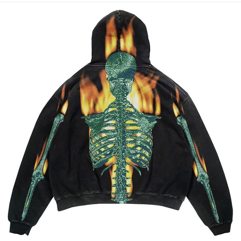 Custom 380gsm Acid Wash Hoodie Vintage 100% Cotton Pullover Printing Fleece Hoodie Mens Angry Skeleton Blank Pullover Hoodies