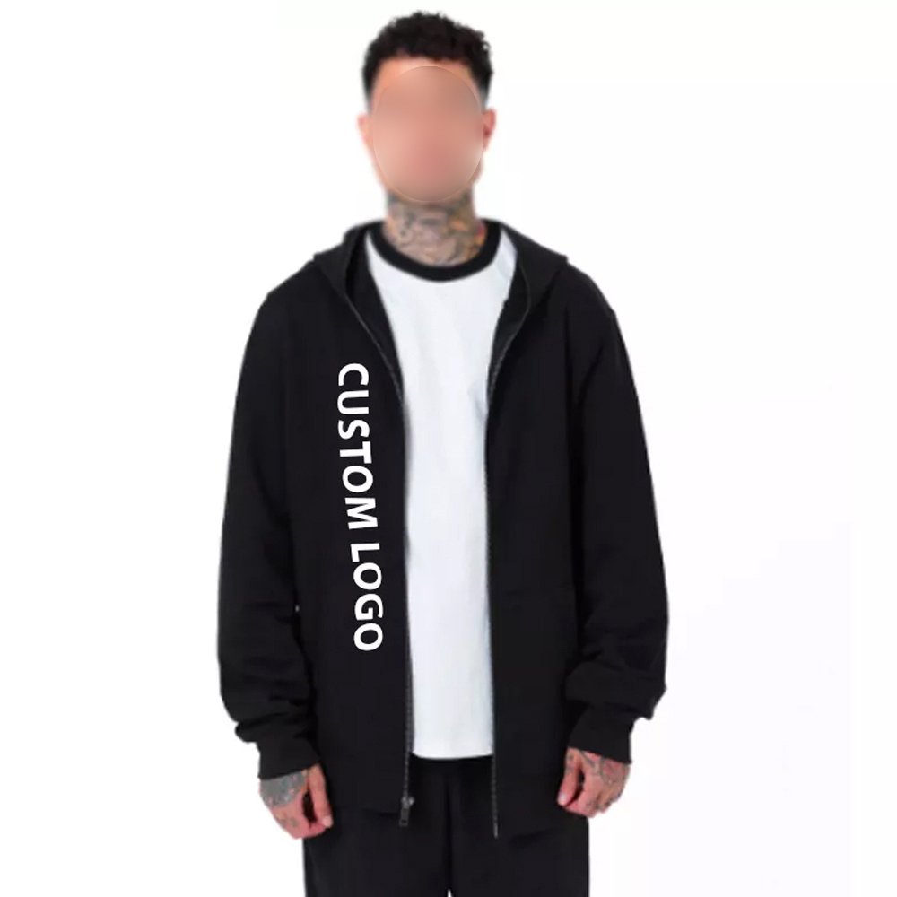 Hot Sale Men's Street Wear 100% Cotton Full Zip Hoodies Puff Customized Black Color Comfortable Outerwear XS 6XL Solid 3D Design