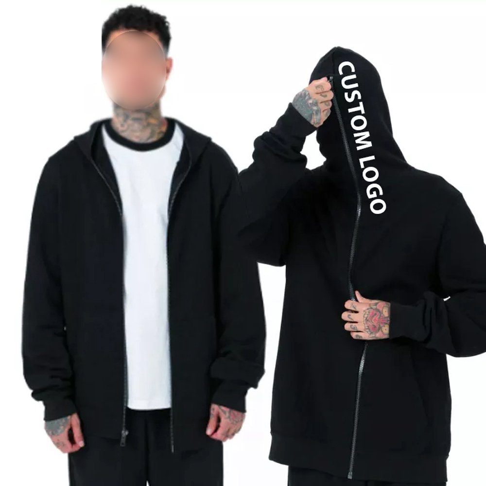 Hot Sale Men's Street Wear 100% Cotton Full Zip Hoodies Puff Customized Black Color Comfortable Outerwear XS 6XL Solid 3D Design