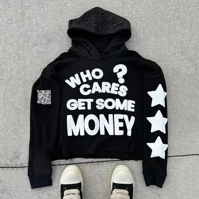 Men's Cropped Boxy Fleece Hoodie with Embossed 3D Sweatpants Pattern Puff Printing and Rhinestone Distressed Design