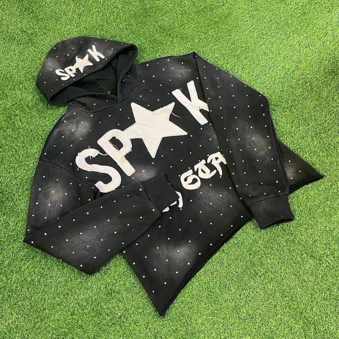 Custom High Quality Zip Up Pullover Applique Patchwork Distressed Hoodie Cropped Acid Wash Hoodie Rhinestone Men's Hoodies