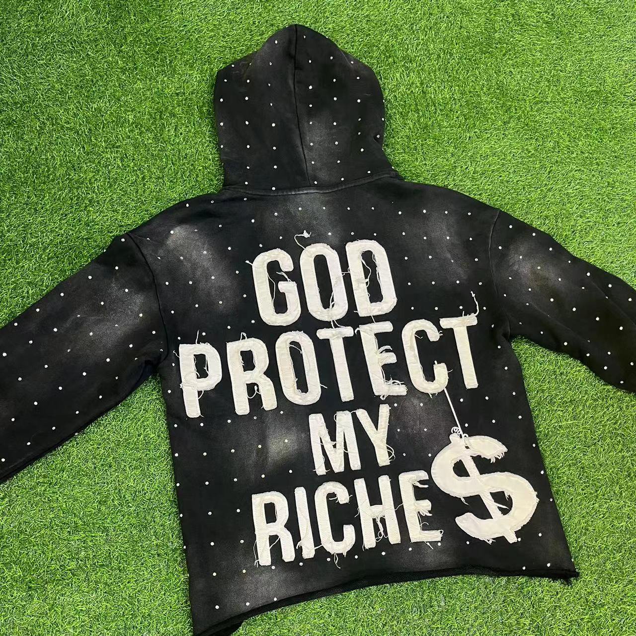 Custom High Quality Zip Up Pullover Applique Patchwork Distressed Hoodie Cropped Acid Wash Hoodie Rhinestone Men's Hoodies