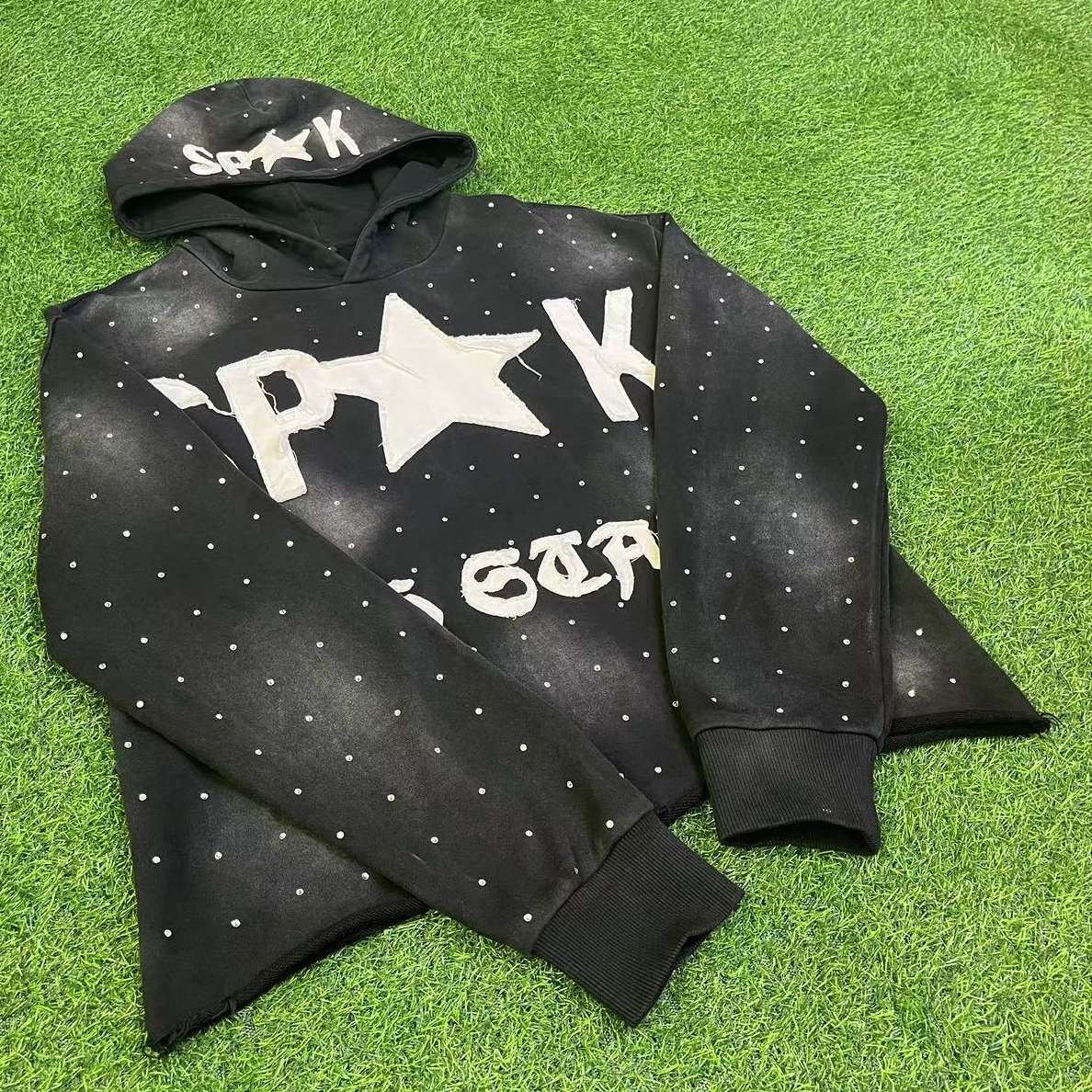 Custom High Quality Zip Up Pullover Applique Patchwork Distressed Hoodie Cropped Acid Wash Hoodie Rhinestone Men's Hoodies