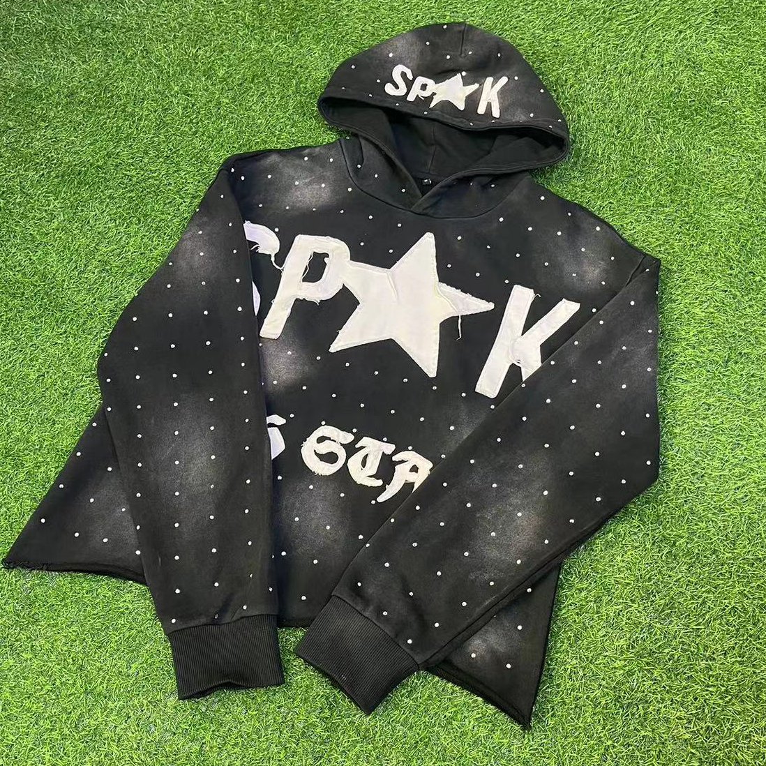 Custom High Quality Zip Up Pullover Applique Patchwork Distressed Hoodie Cropped Acid Wash Hoodie Rhinestone Men's Hoodies