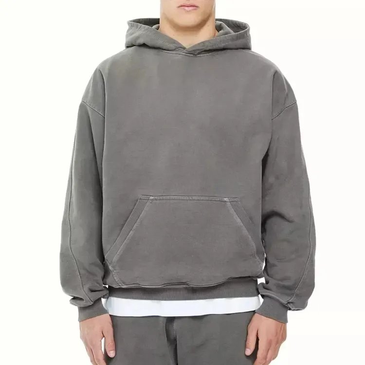 Custom High Quality Heavyweight Vintage wash Hoodie Pullover Cotton Drop Shoulder Hoodies No String Acid Washed Hoodies