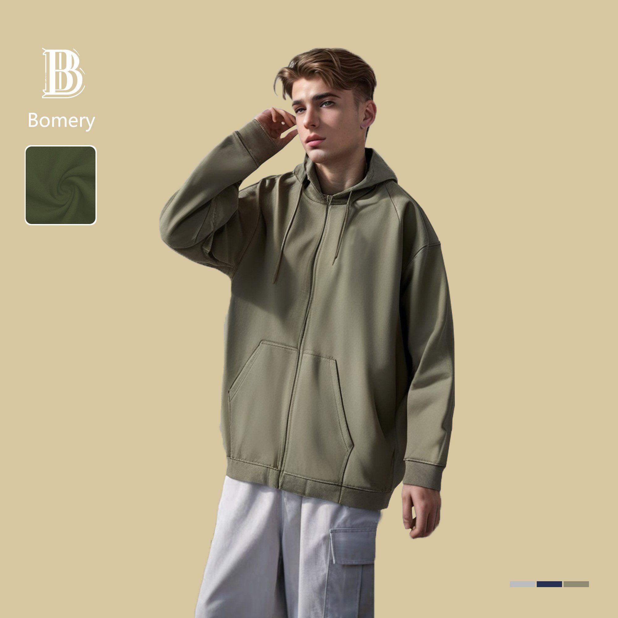 Bomery High Quality Terry Men's Hoodies Customizable Logo Loose Blank Pattern Long Length Autumn Hooded Plain Dyed Nonwoven