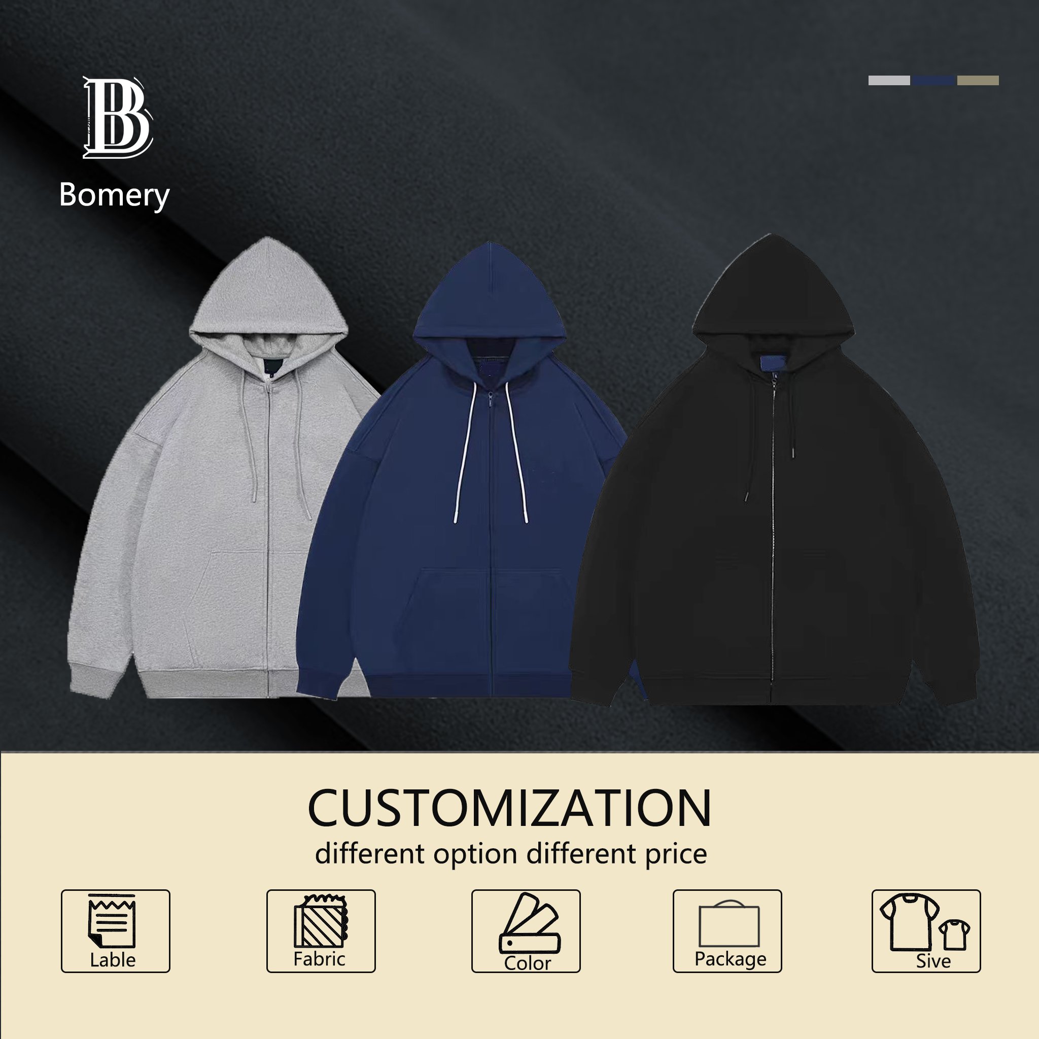 Bomery High Quality Terry Men's Hoodies Customizable Logo Loose Blank Pattern Long Length Autumn Hooded Plain Dyed Nonwoven