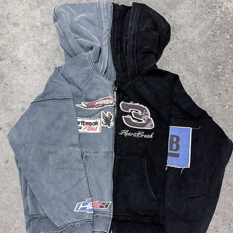 Vintage Gray Full Zip Up Custom 3d Embroidery Patches Oversized Cotton Heavy Weight Zipper Washed Sweatsuit Hoodie Sweatshirt