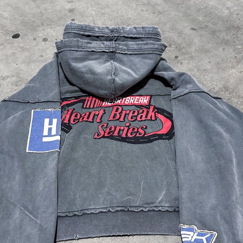 Vintage Gray Full Zip Up Custom 3d Embroidery Patches Oversized Cotton Heavy Weight Zipper Washed Sweatsuit Hoodie Sweatshirt