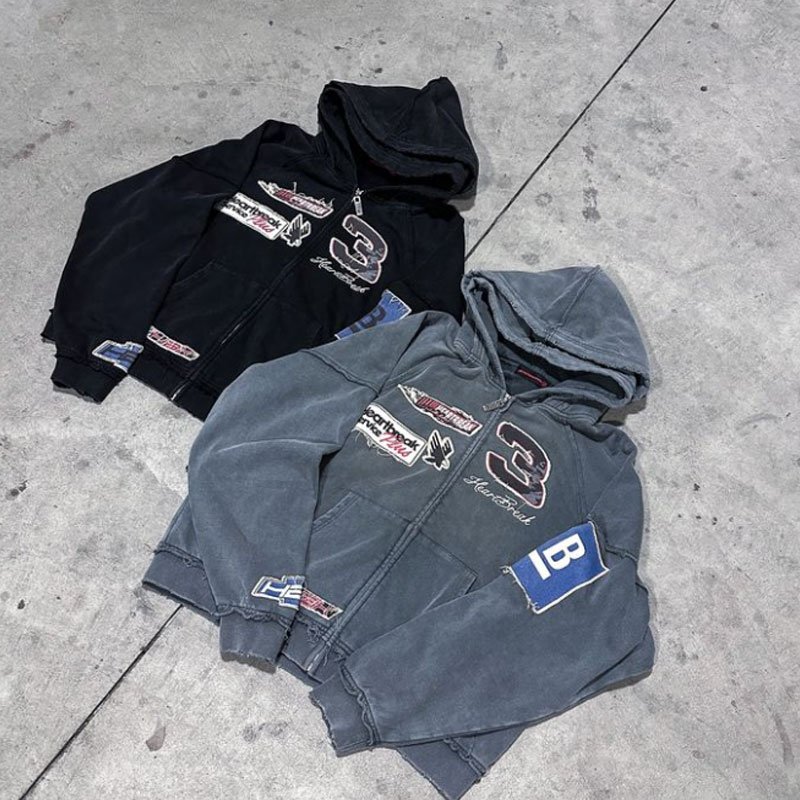 Vintage Gray Full Zip Up Custom 3d Embroidery Patches Oversized Cotton Heavy Weight Zipper Washed Sweatsuit Hoodie Sweatshirt
