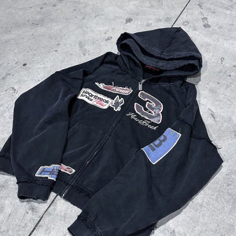 Vintage Gray Full Zip Up Custom 3d Embroidery Patches Oversized Cotton Heavy Weight Zipper Washed Sweatsuit Hoodie Sweatshirt