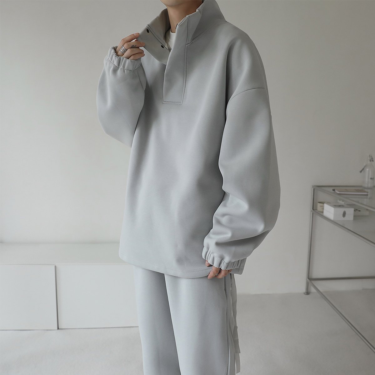 RUICHI Custom Men's Tracksuit Stand collar button-up hoodie and Straight leg sweatpants 65% cotton Jogger set