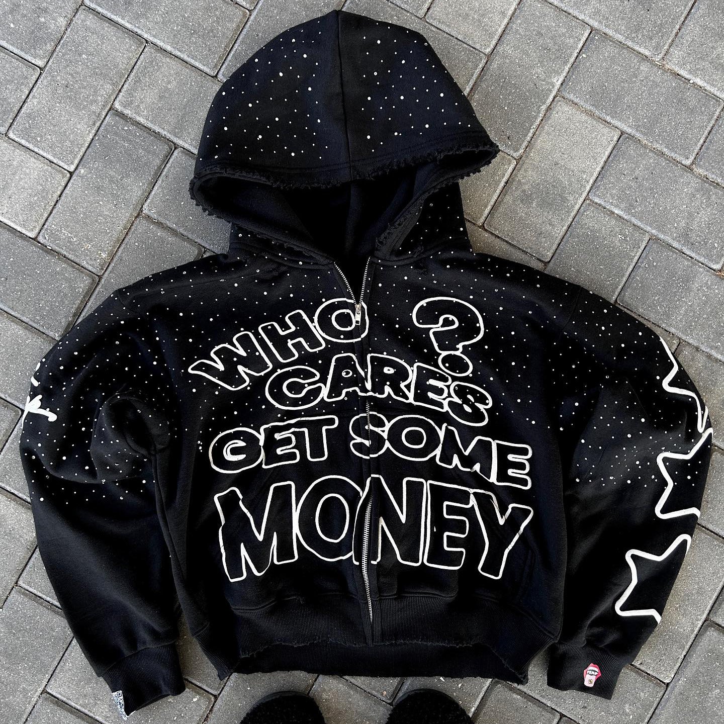 Oem Custom High Quality Manufacturer Streetwear Baggy Boxy Fit Heavyweight 600Gsm Distressed Rhinestone Zip Up Men Hoodies