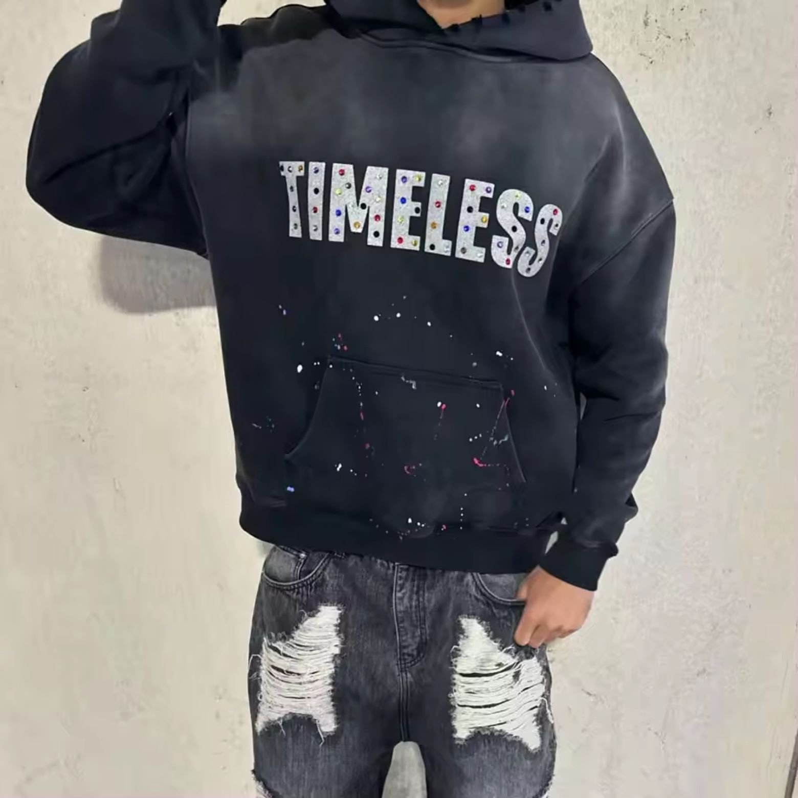 Clothing Manufacturers Heavy Weight Rhinestone Hoodie Streetwear Custom Logo Unisex Oversize Rhinestone Men's Pullover Hoodie