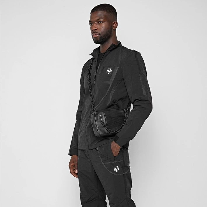 Custom New Crinkle Nylon Taped Black Tracksuits For Men's With Custom Logo From Pakistan Manufactured By Huzaifa Products