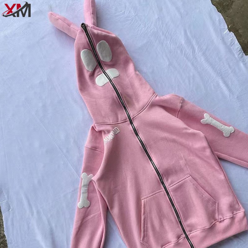 High Quality Women Puff Printing Unisex Custom Logo Zip Up Sweatshirt Cotton Embroidery Sports Pullover Full Zip Up Hoodie