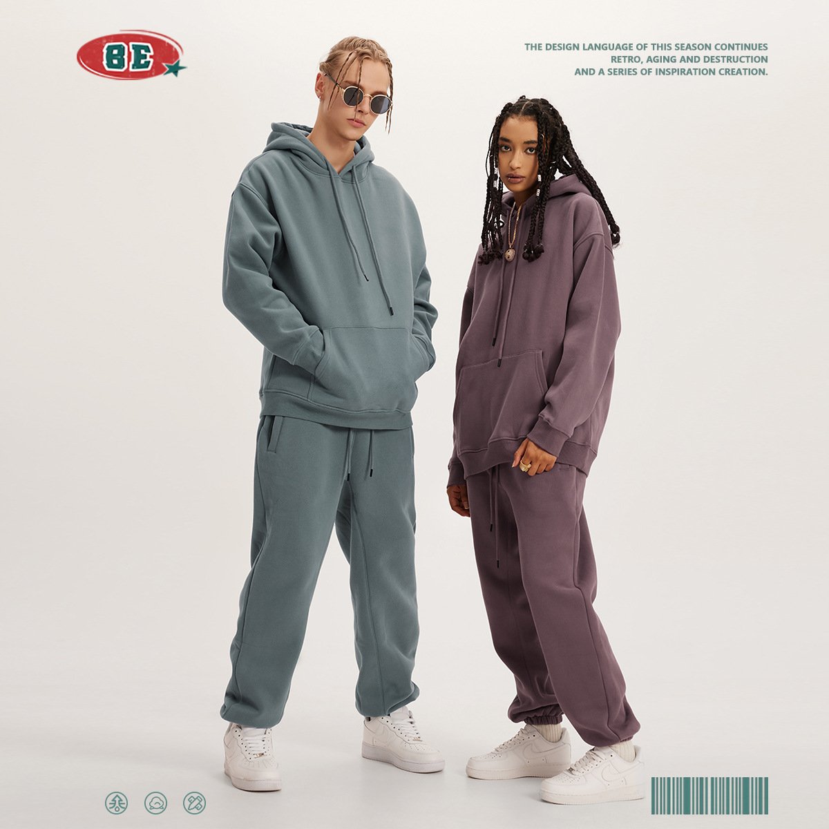 2024 High Quality Custom Crewneck Sweatshirts 345G Fleece Comfortable Jogger Drop Shoulder Unisex Blank Sweatshirt 2-piece set