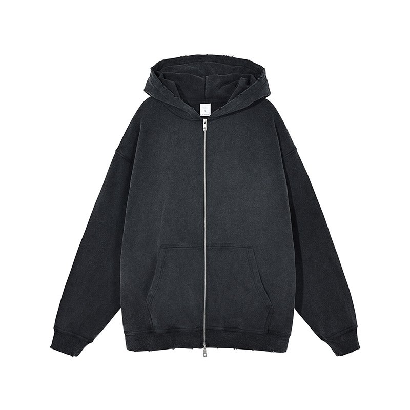 H5123 High Quality Custom Distressed 420g 100% Cotton Full Zip Up Hoodies Zip Collar Plus Size Men's Hoodies