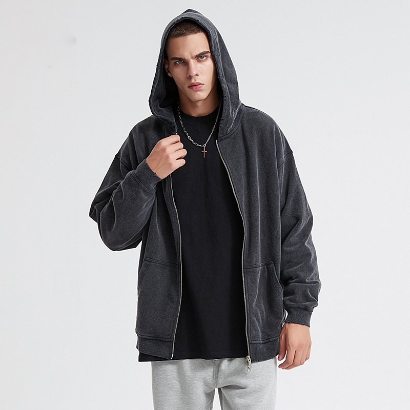 H5123 High Quality Custom Distressed 420g 100% Cotton Full Zip Up Hoodies Zip Collar Plus Size Men's Hoodies