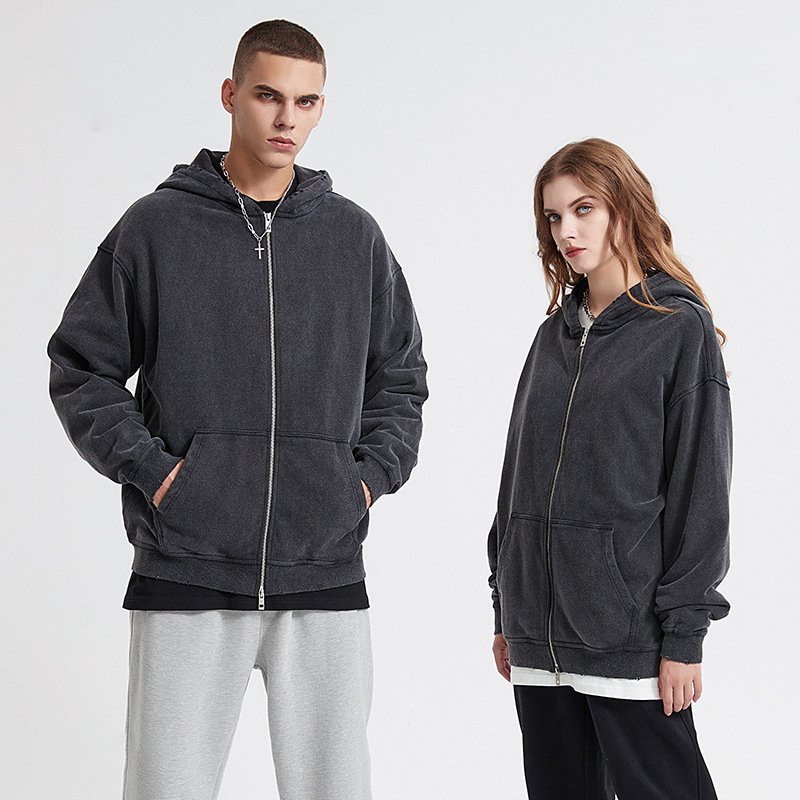 H5123 High Quality Custom Distressed 420g 100% Cotton Full Zip Up Hoodies Zip Collar Plus Size Men's Hoodies