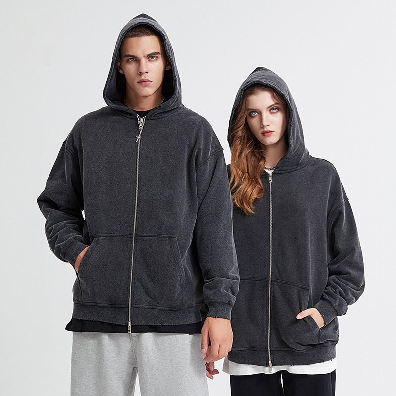 H5123 High Quality Custom Distressed 420g 100% Cotton Full Zip Up Hoodies Zip Collar Plus Size Men's Hoodies