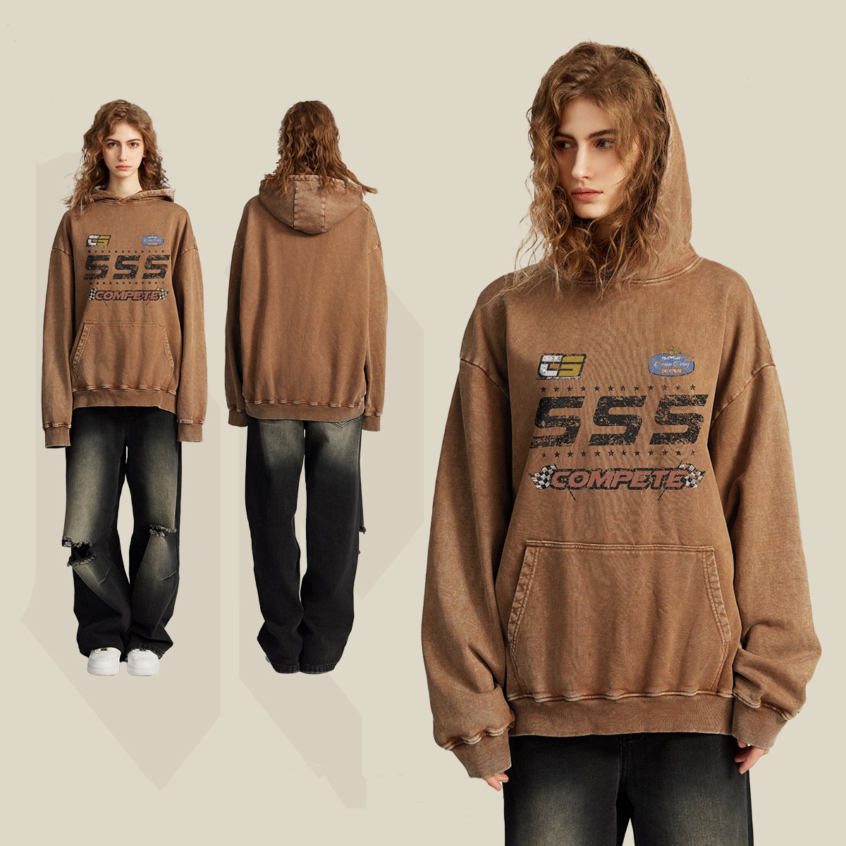 Wholesale High Quality Cotton Vintage Distressed Stone Acid Wash Print Hooded Pullover Unisex Hoodie Men's Hoodies & Sweatshirts