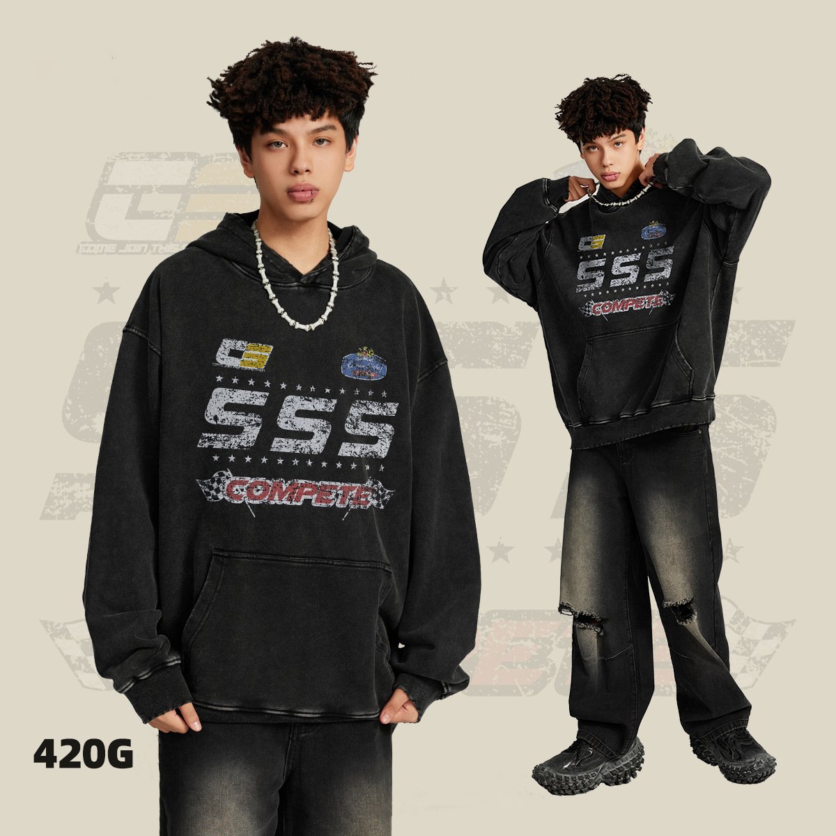 Wholesale High Quality Cotton Vintage Distressed Stone Acid Wash Print Hooded Pullover Unisex Hoodie Men's Hoodies & Sweatshirts