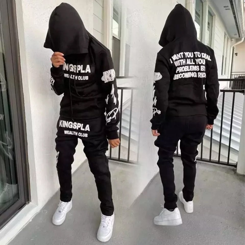 Men's Plain Cotton Hoody Sweat Suits Wholesale Contrast Colors Sport Black Jogging Suit Tracksuits With Customized Design