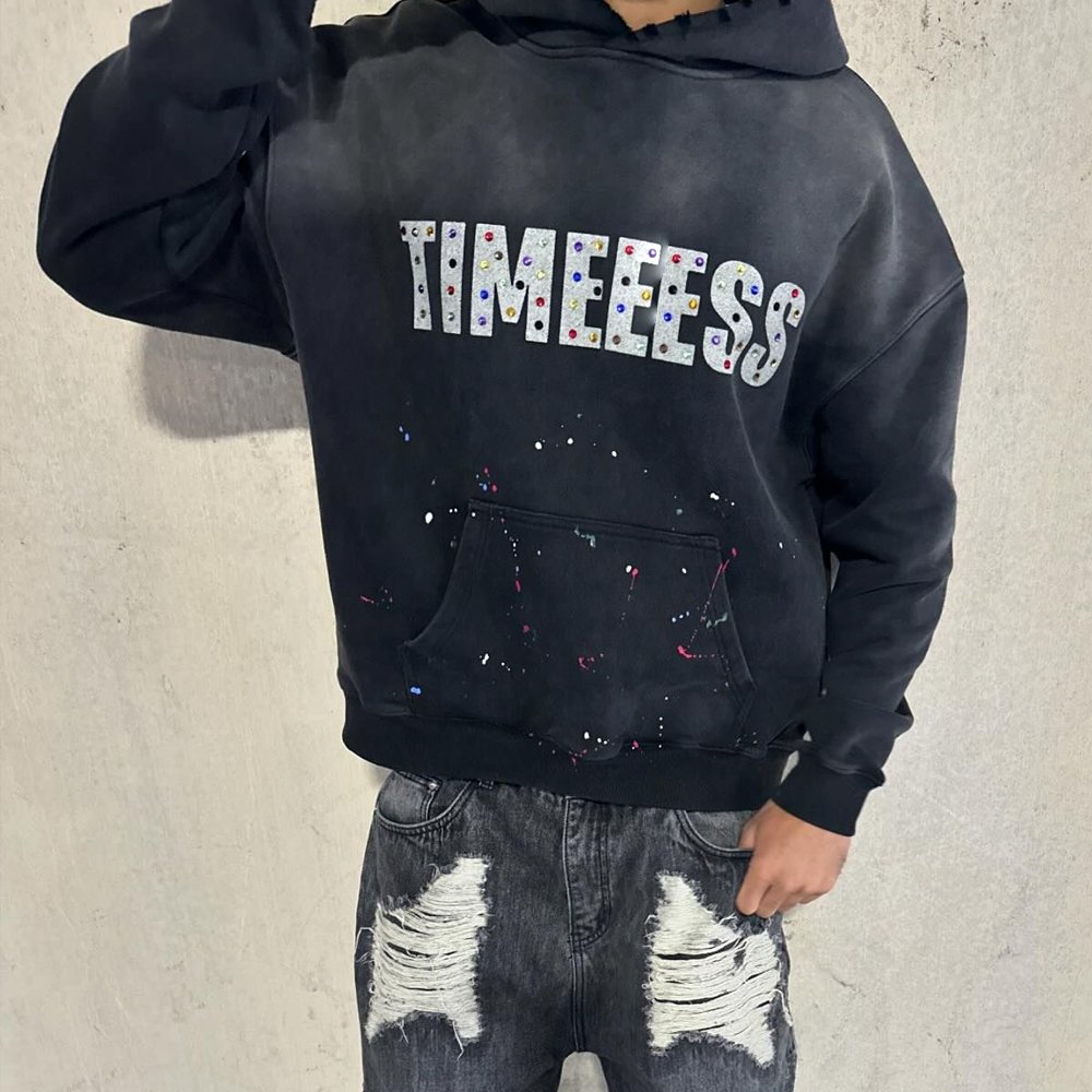 Custom Logo Rhinestone Washed Hoodie Manufacturer Men Printing Casual Sweatshirts For Men