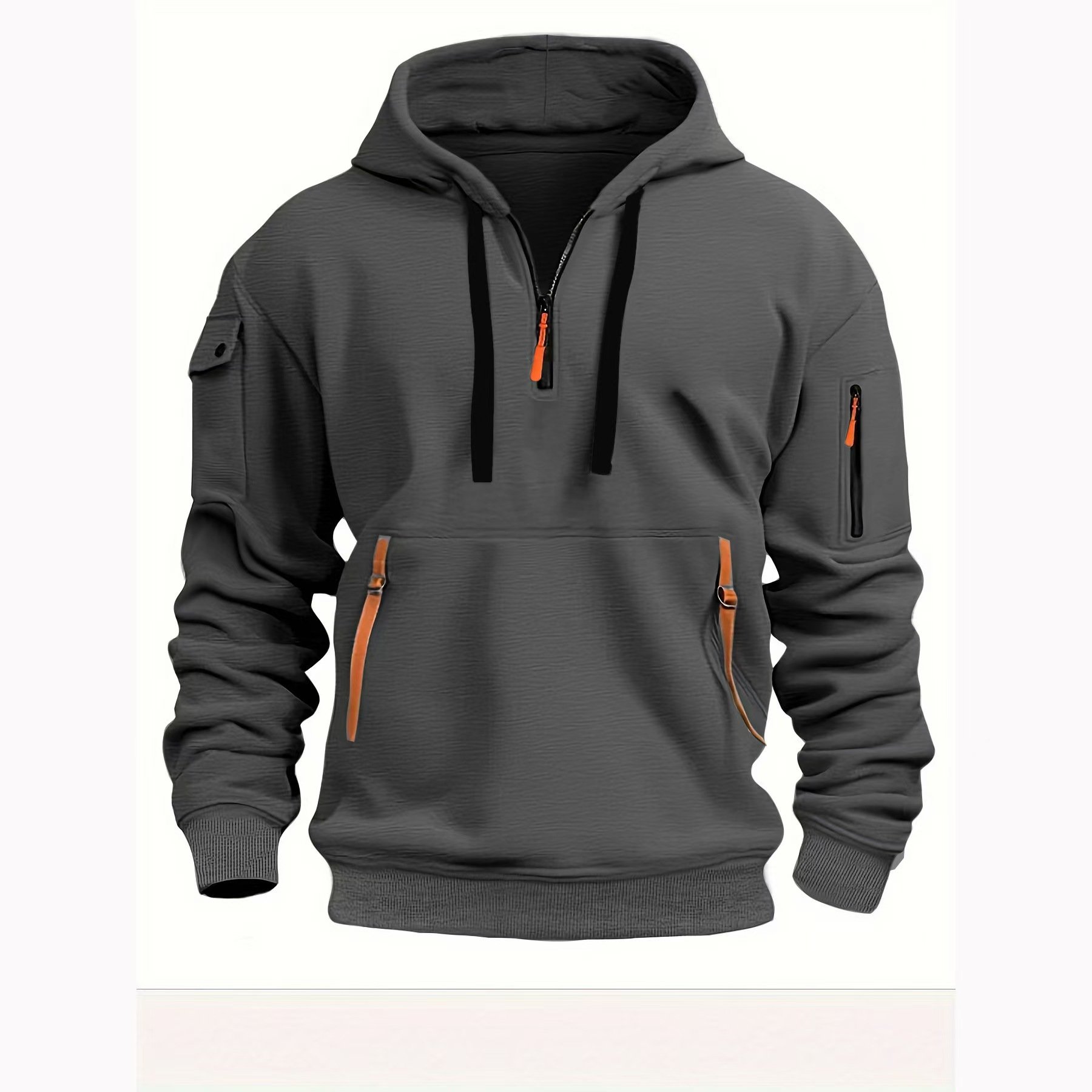 Men's Retro Oversized Quarter Zip Hoodie High Quality Work Sweatshirt with Multi-Pocket Casual Outerwear 3D Print Puff Technique
