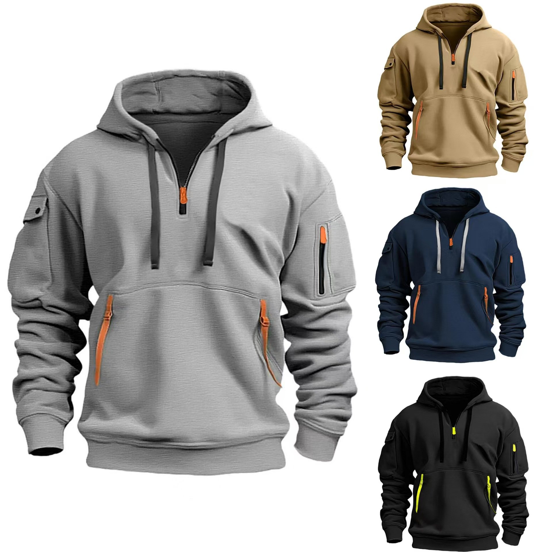 Men's Retro Oversized Quarter Zip Hoodie High Quality Work Sweatshirt with Multi-Pocket Casual Outerwear 3D Print Puff Technique