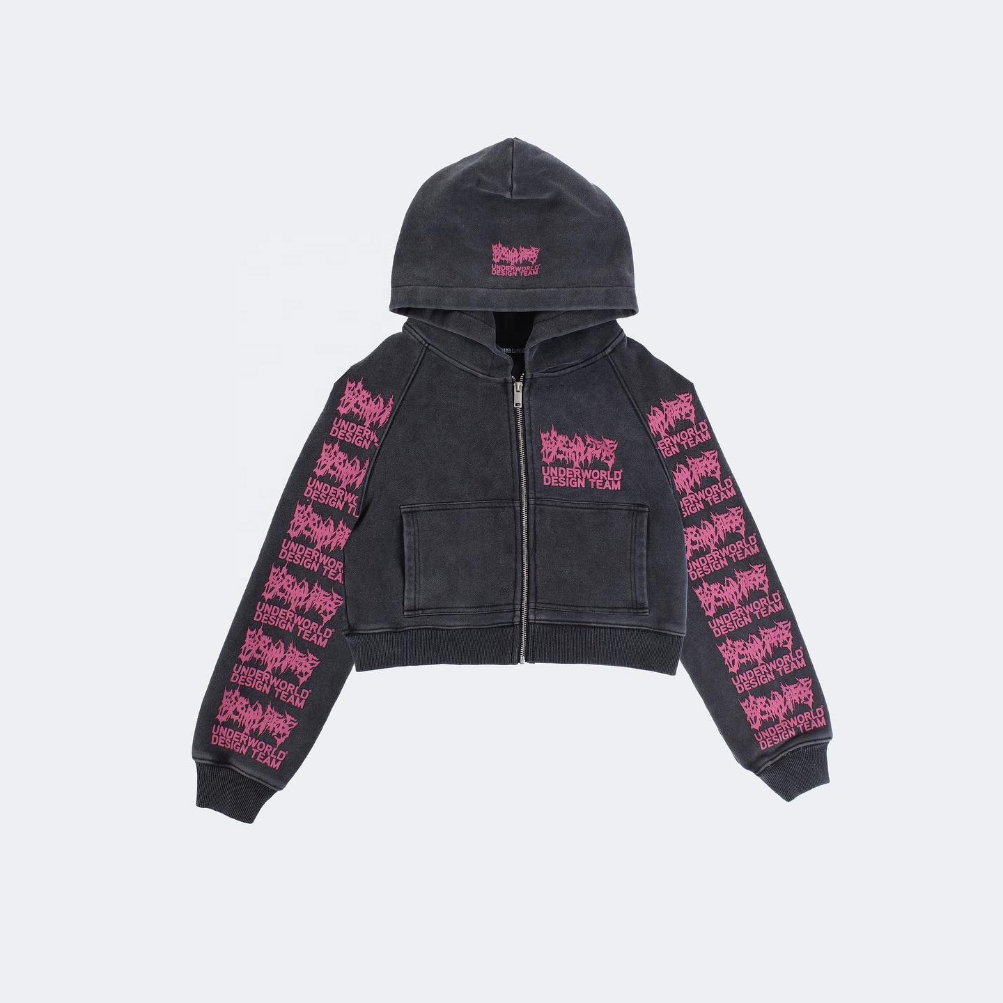 Custom Heavy Weight Cotton French Terry Print No String Zip Up Hoody Jacket Distressed Vintage Acid Wash Women Cropped Hoodie