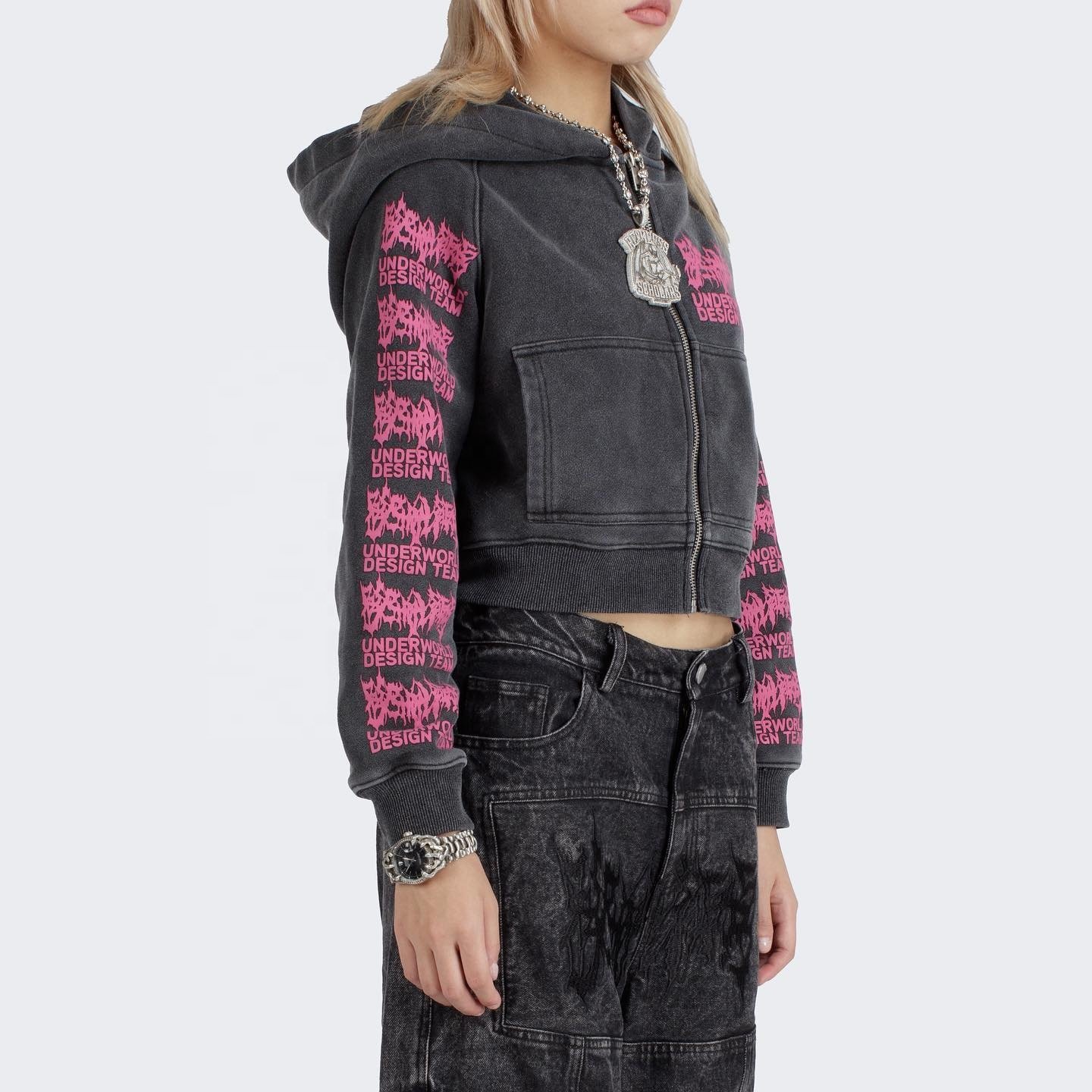 Custom Heavy Weight Cotton French Terry Print No String Zip Up Hoody Jacket Distressed Vintage Acid Wash Women Cropped Hoodie