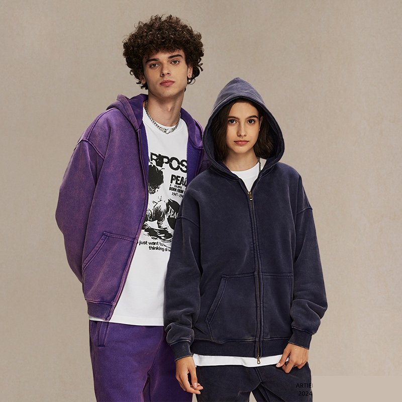 Custom Logo Heavyweight Mens Hoodie Zip Up Cotton Fleece Hoodies Sets Head Side Pocket Batik Vintage Hoodie Sets