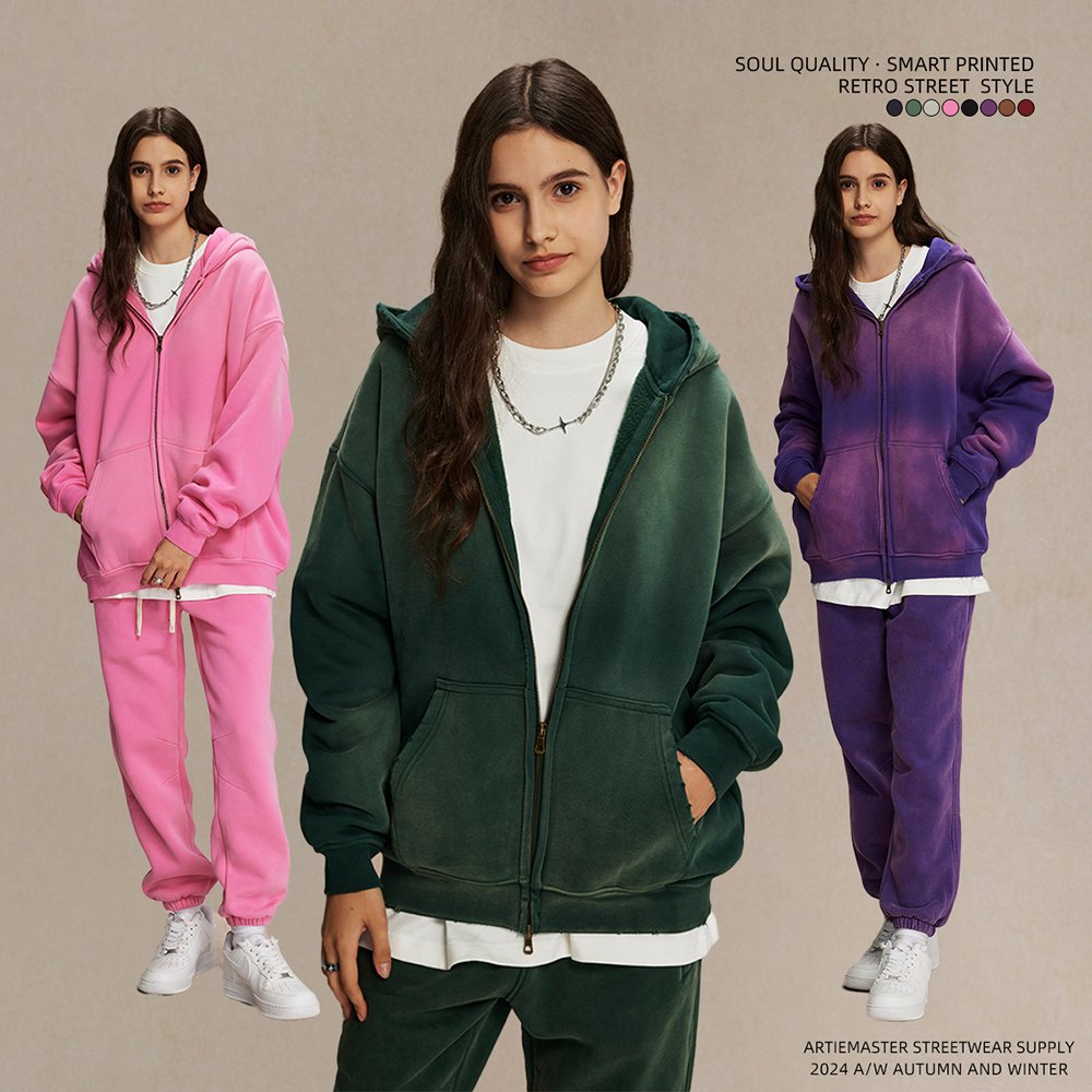 2024 Custom 360gsm Vintage Batik Washed Fleece Oversized Zip Up Distressed Men's Hoodies Wholesale