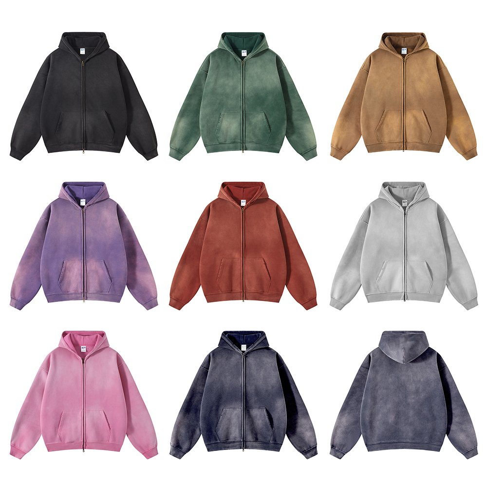 2024 Custom 360gsm Vintage Batik Washed Fleece Oversized Zip Up Distressed Men's Hoodies Wholesale