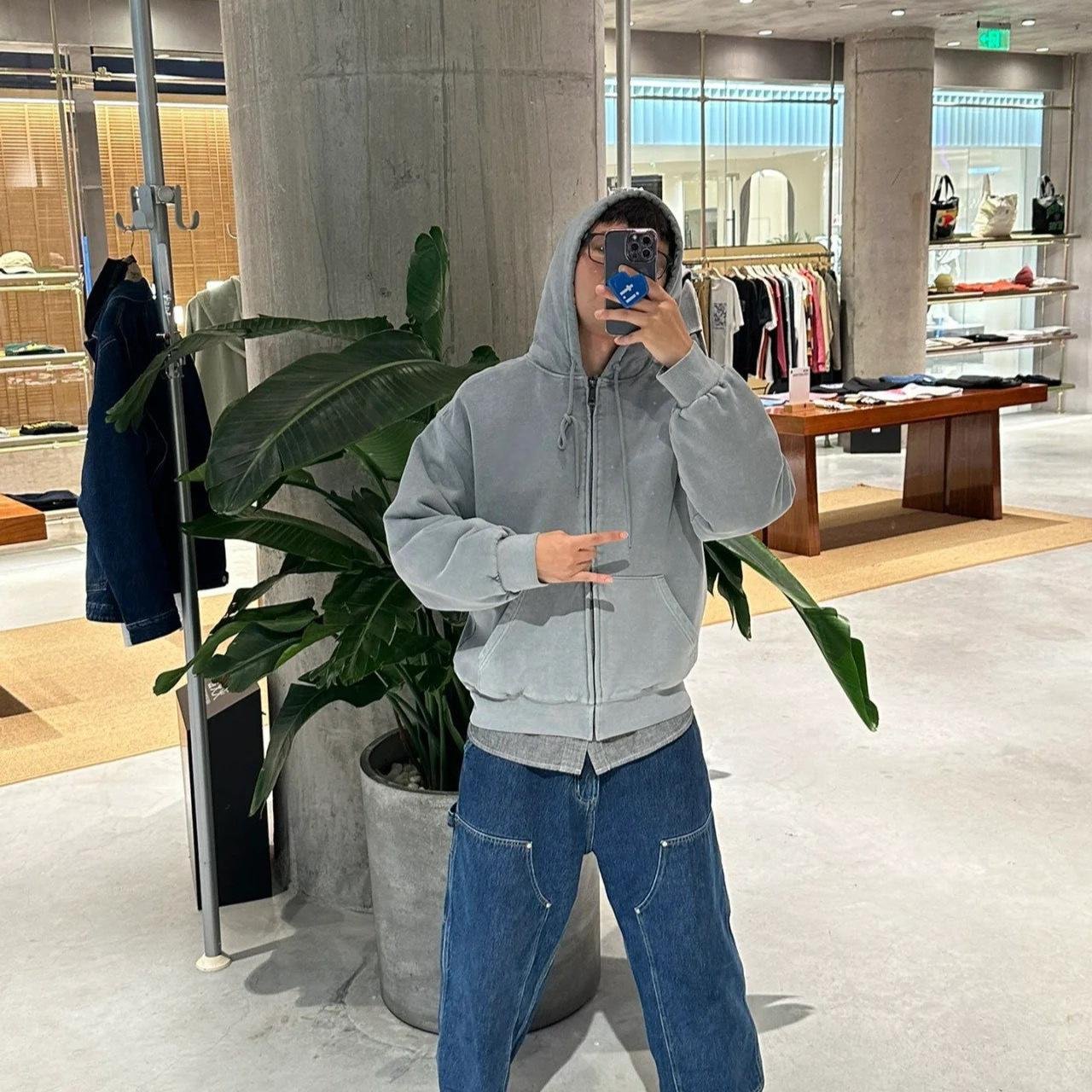 Fashion Custom Logo Men's Oversized Hoodies 100% Cotton Hooded Sweatshirts Solid Color Streetwear Acid Wash Zip Up Hoodies