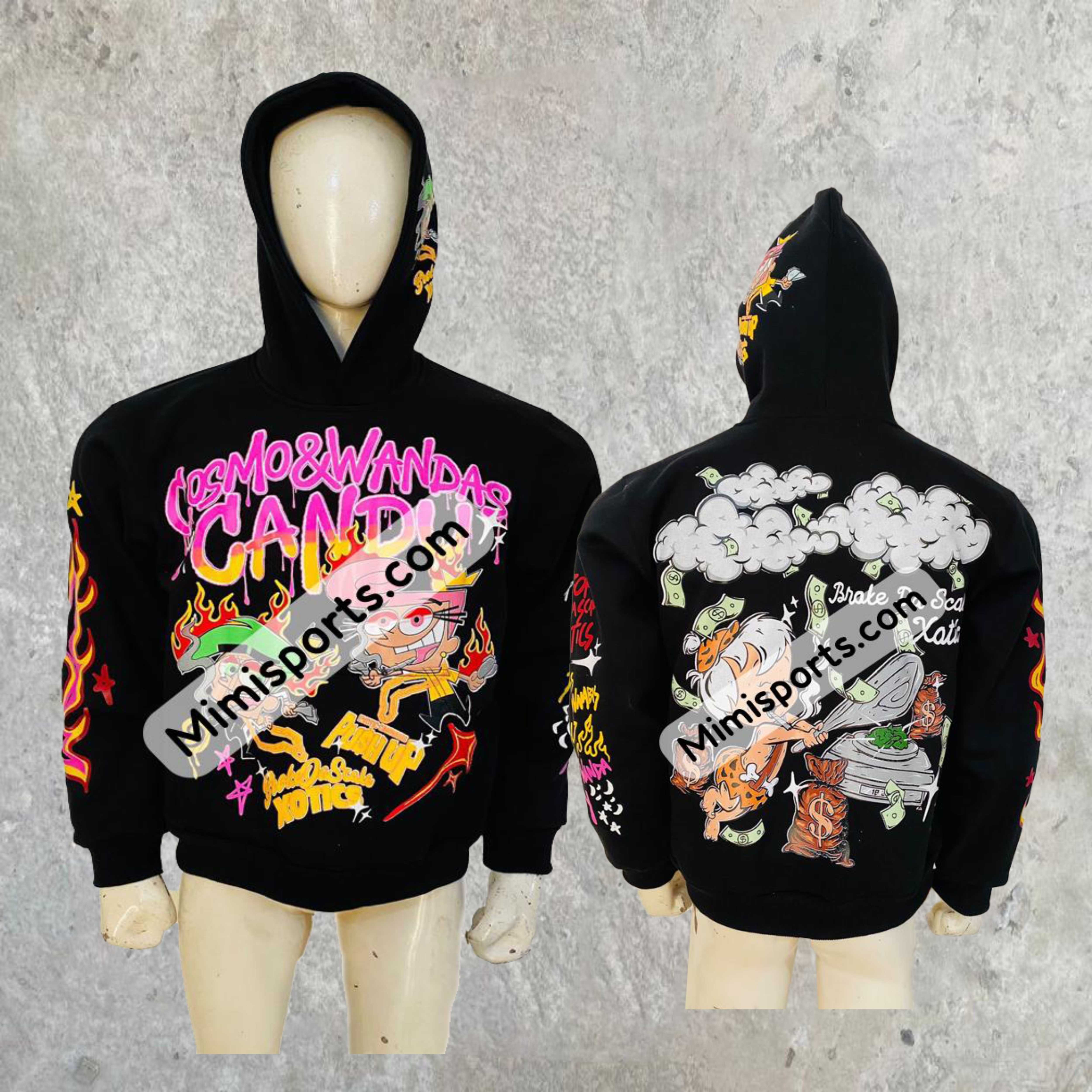 Trending Hoodies Men's Black with Pink and Green Brush Dots Printed Raw Hem Edge Cut Bottom Big Distressed Acid Washed