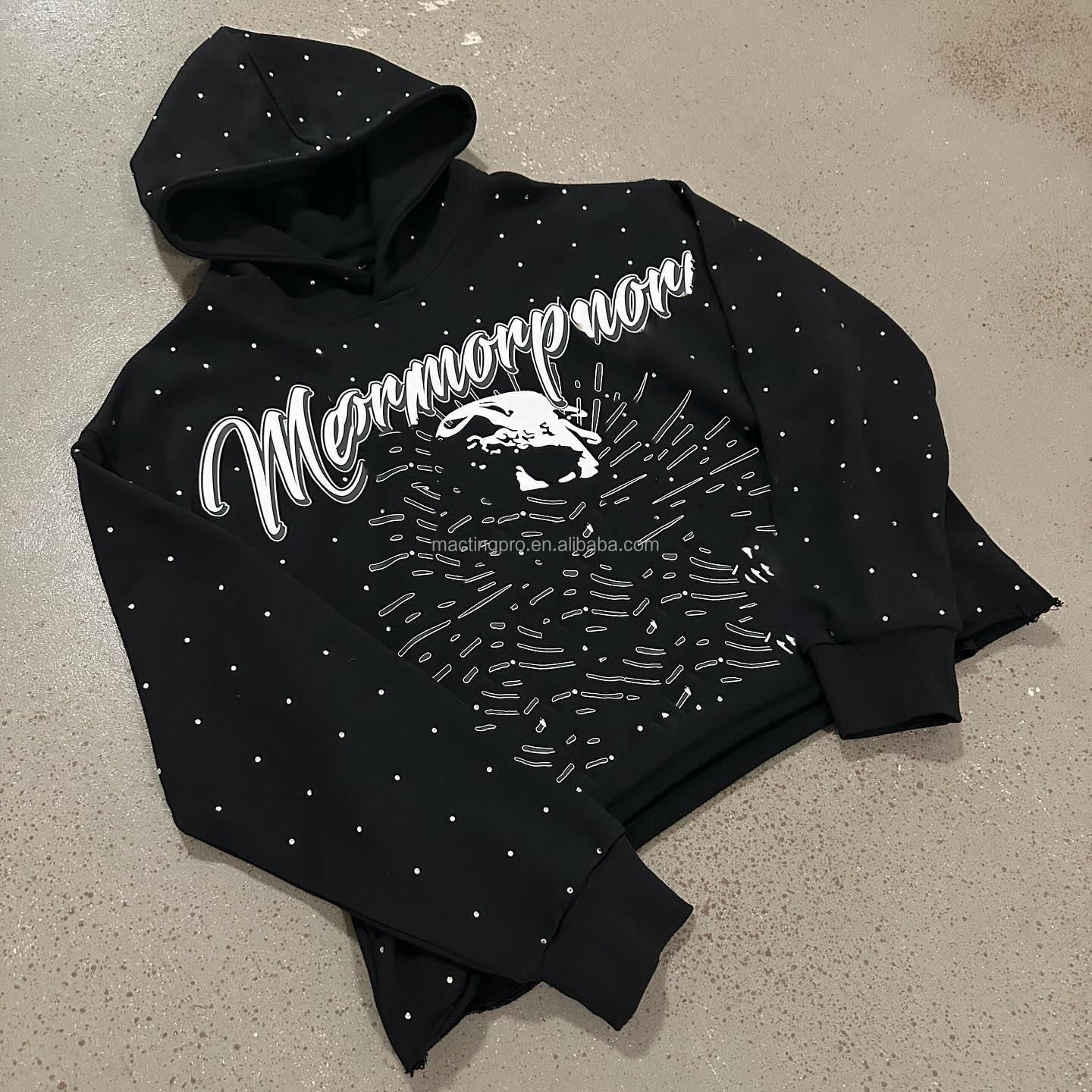 Custom Mens 300 gsm Lightweight Pullover Hooded Sweatshirt Hoodies Streetwear Cut Edge Raw Hem Cropped Rhinestone Hoodie