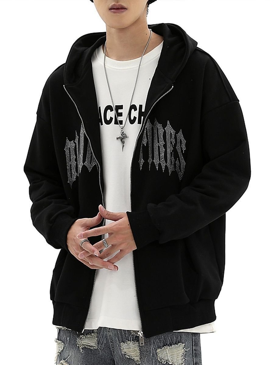 Heavy Weight Street wear Custom Letters Hot Drilling Men's Hoodies